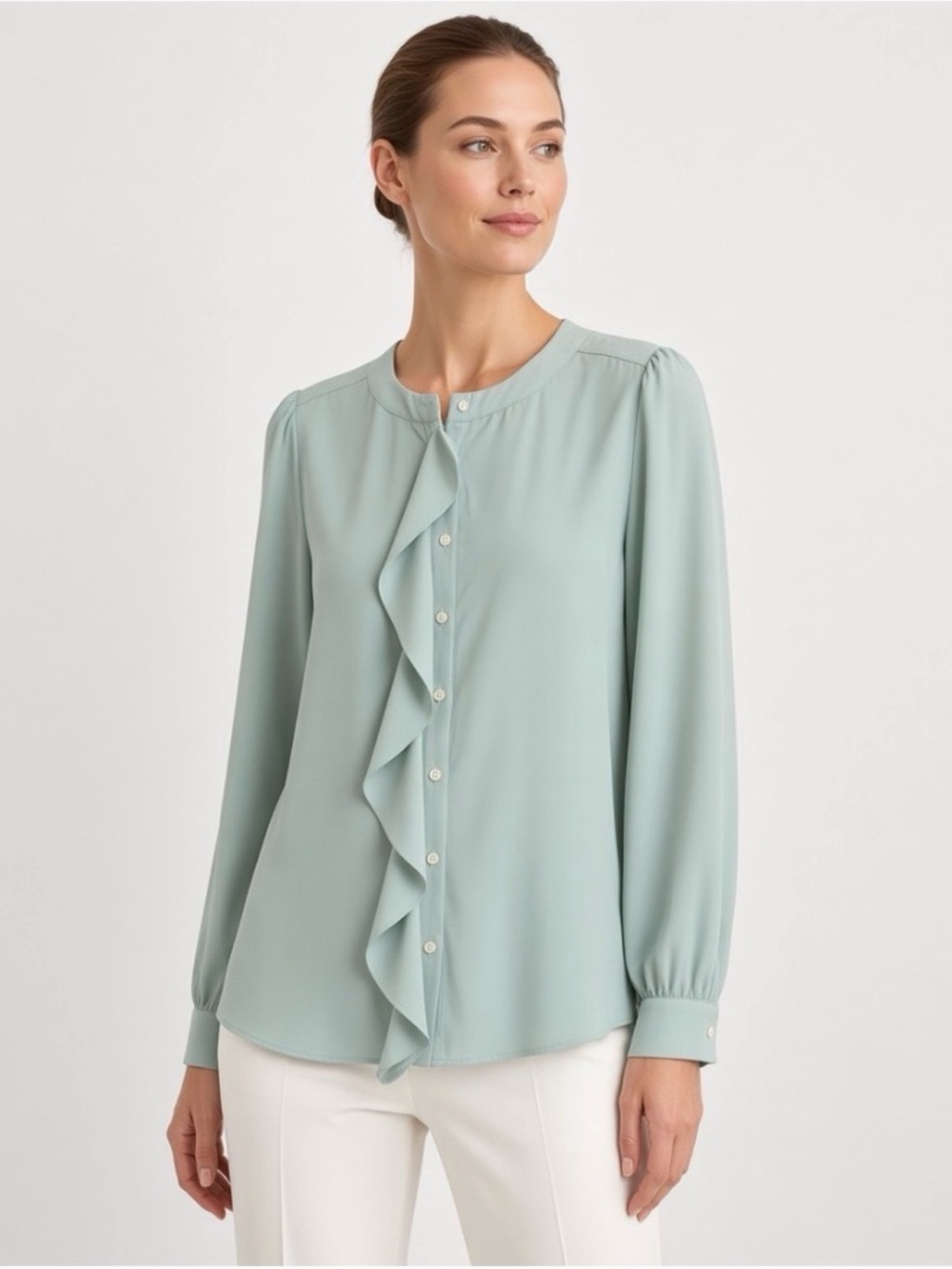 Ann Taylor Soft Mint Ruffle Front Blouse